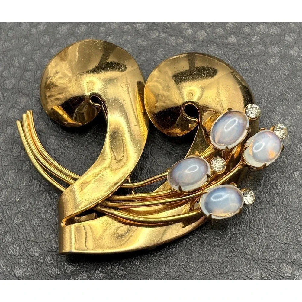 Vintage Coro Pegasus Faux Opal Glass Rhinestone Floral Brooch Modernist